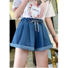 Simple Navy Elastic Waist drawstring Pockets Cotton wide leg Pants Shorts Summer