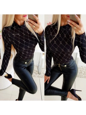 Spot Autumn and Winter New European and American Women's Wear Cross border Amazon Popular Fit Slim Print T-shirt Top OM9220