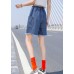 French Light Blue Elastic Waist Drawstring Pockets Cotton Denim Short Pants Summer