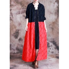 Elegant oversized long coat fall black patchwork red Jacquard pockets overcoat