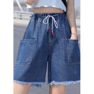 French Light Blue Elastic Waist Drawstring Pockets Cotton Denim Short Pants Summer