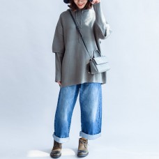 gray green casual hooded woolen blended outwear oversize print knit coats