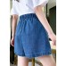 Simple Navy Elastic Waist drawstring Pockets Cotton wide leg Pants Shorts Summer