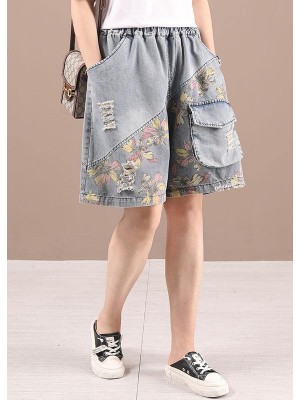 Organic Grey Patchwork Print Denim hot Pants