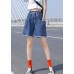 French Light Blue Elastic Waist Drawstring Pockets Cotton Denim Short Pants Summer