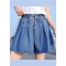 Italian Light Blue Elastic Waist drawstring Pockets Cotton Pleated Short Pants Summer