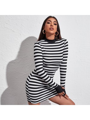 European and American foreign trade women's sexy slim dress Simple long sleeve round neck slim black and white strip dress Summer