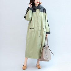 new autumn linght green patchwork cotton outwear plus size hooded maxi coat