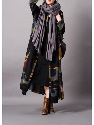 Fine blue print plus size clothing long fall lapel Button Down coat