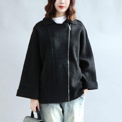 Black woolen cape coats oversized zippered short jackets